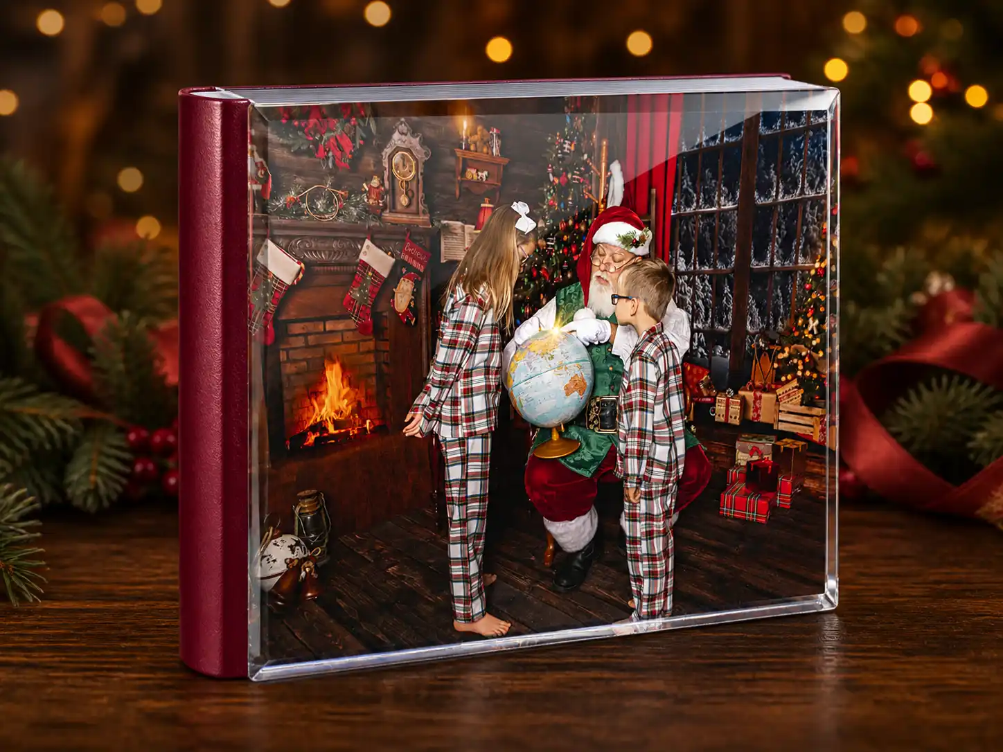 Crystal acrylic Christmas storybook featuring children visiting Santa