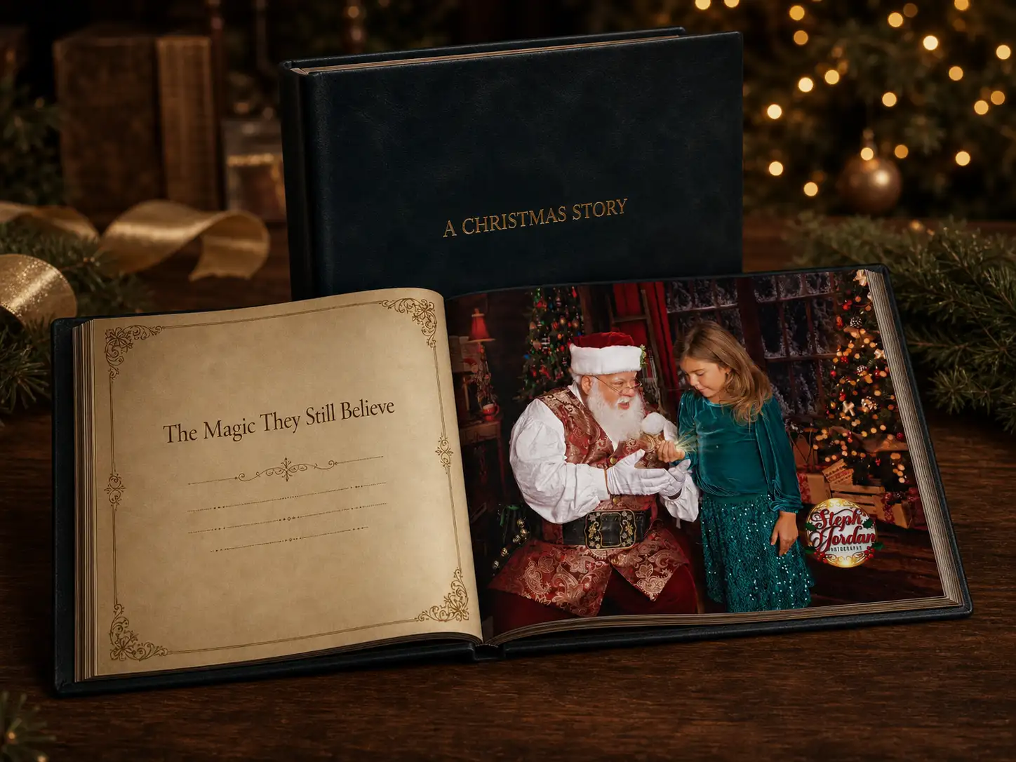 Personalized leather Christmas storybook featuring a child&rsquo;s portrait with Santa
