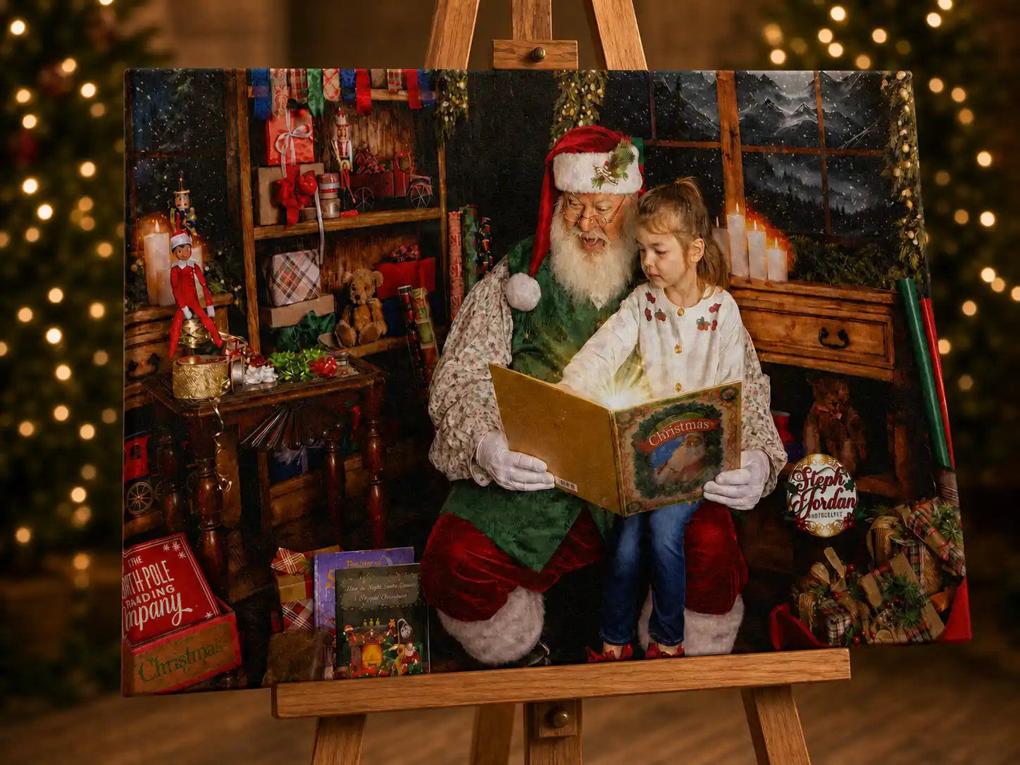 Canvas wall art featuring a child reading with Santa in Columbus, Ohio